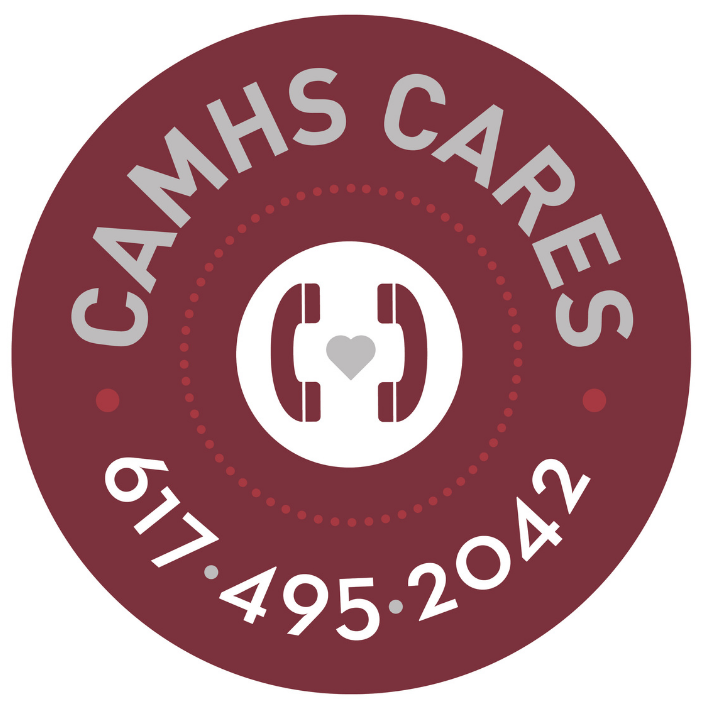 Logo of two crimson colored phones surrounding a grey heart with the words "CAMHS Cares" and phone number "617-495-2042"
