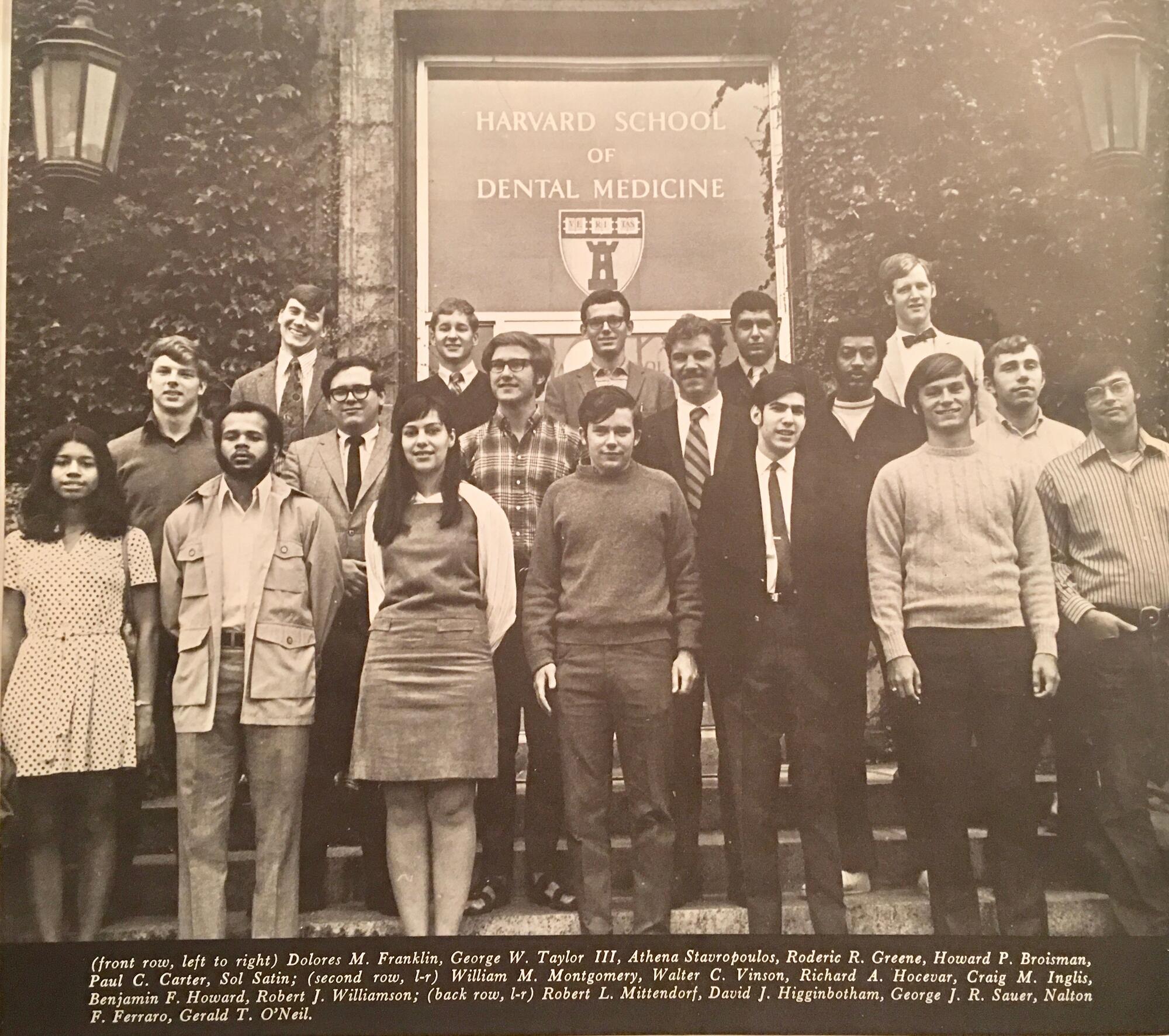 DMD Class of 1974 on front steps of school