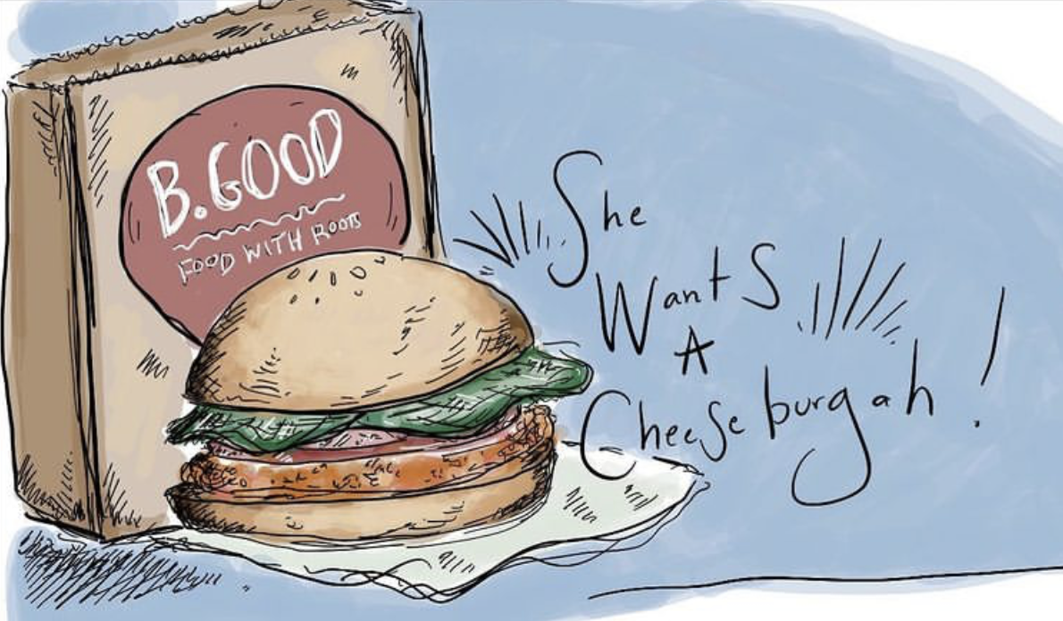 Illustration of cheeseburger and paper bag with the saying "she wants a cheeseburgah"