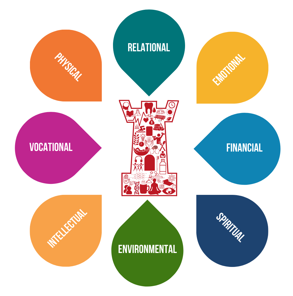 HSDM Health Wellness Framework with the words physical, vocational, intellectual, environmental, spiritual, financial, emotional, and relational.