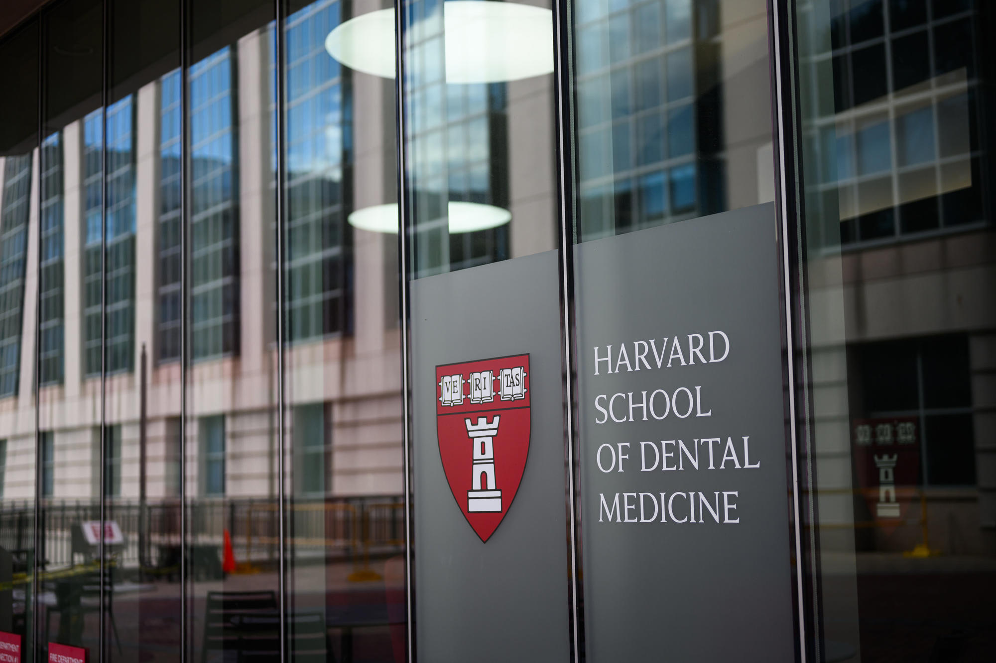 The Harvard School of Dental Medicine logo on the side of a glass building