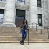 Ashiana Jivraj, DMD21, in front of Gordon Hall at Harvard Medical School